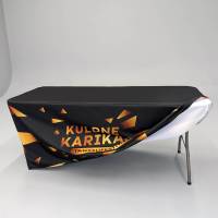 Folding table with printed tablecloth